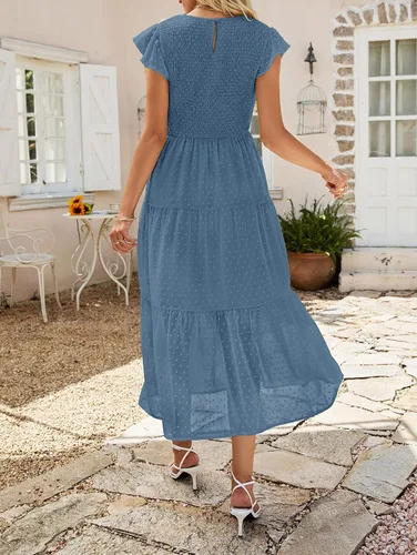 Vista 4 de MEROKEETY Vestido midi fruncido de manga corta con volantes de verano para mujer, con lunares suizos, vestidos escalonados