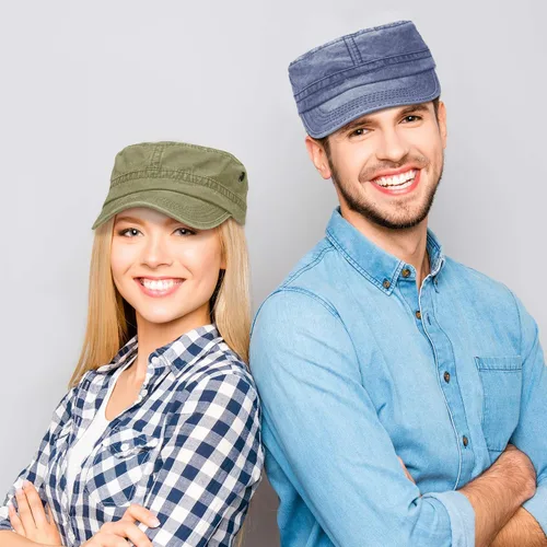 Vista 6 de Geyoga 3 unidades Cadet Army - Gorras de algodón lavado militar para tapas planas ajustables estilo militar sombrero unisex