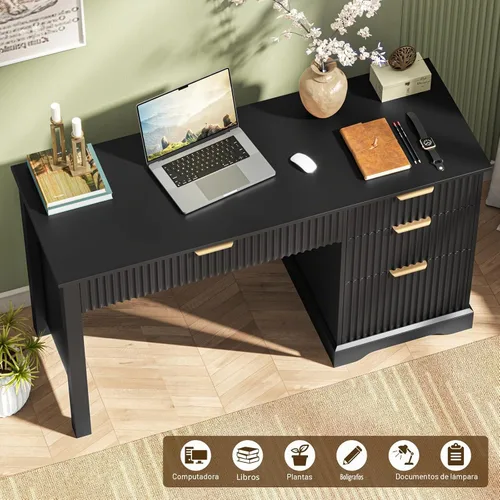 Vista 5 de Vabches Escritorio ejecutivo acanalado con cajones, escritorio de madera para computadora con amplio cajón de archivos, escritorio de oficina