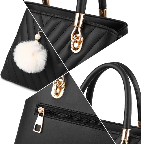 Vista 6 de Bolsos de cuero de moda para mujer, bolsos acolchados con asa superior, bolso de hombro para mujer con pompón