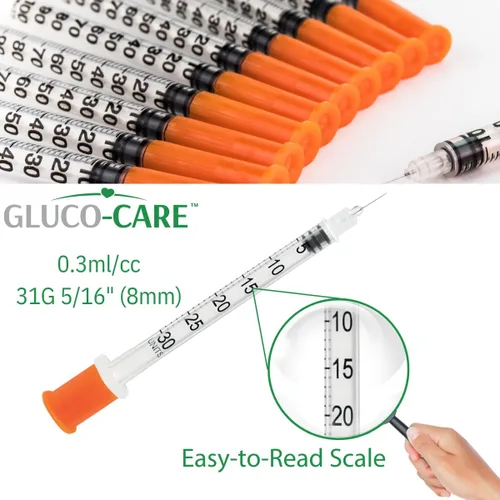 Vista 5 de GLUCO-CARE - Jeringas de 0.3 ml/cc, 30G x 5/16’’ (8mm), tapa naranja, 100/caja