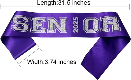 Vista 3 de Senior Sash 2025, bandas moradas, paquete de 10 con letras plateadas con purpurina, bandas para celebraciones de graduación de clase 2025