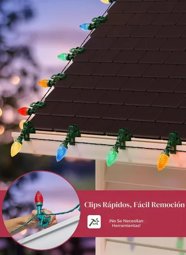 Vista 4 de Luces de Navidad para exteriores, 68 pies, 100 luces LED C9 con clips de Varios