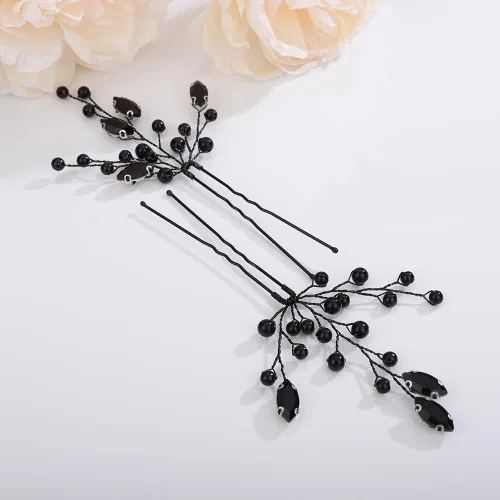 Vista 3 de Teyglen Juego de 3 horquillas de cristal de perlas negras para novia, accesorios para el cabello de boda, piezas de pelo de perlas negras hechas a