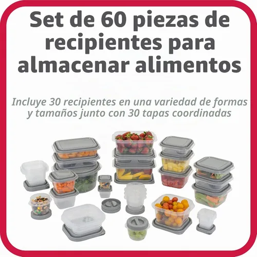 Vista 2 de GoodCook EveryWare Juego de 30 recipientes de plástico sin bisfenol A para almacenamiento de alimentos con tapas, 60 piezas en total