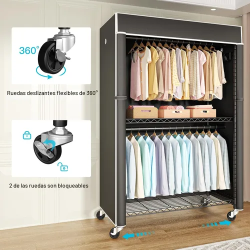 Vista 2 de FUTASSI Perchero negro con cubierta negra, armario con ruedas P1C Plus, perchero de metal para colgar ropa, armario de almacenamiento de ropa, 46