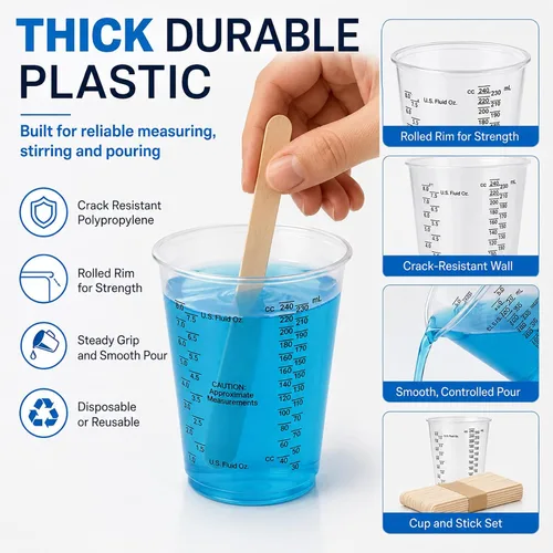 Vista 5 de Vasos medidores de plástico con varillas de mezcla, taza transparente de 8 onzas, paquete de 50 Tazas medidoras desechables con palos, mezcla