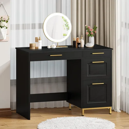Vista 7 de 4 EVER WINNER Escritorio negro con cajones, modernos escritorios de oficina en casa con asas y cajones dorados, mesa de computadora para espacios