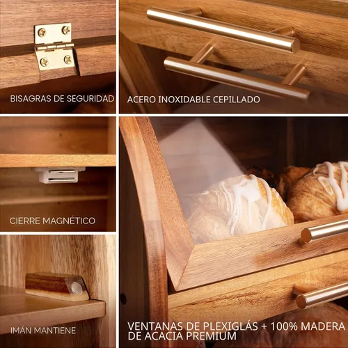 Vista 3 de Arise - Elegante caja de pan de acacia para encimera de cocina, contenedor de almacenamiento de pan de madera extra grande de 2 estantes
