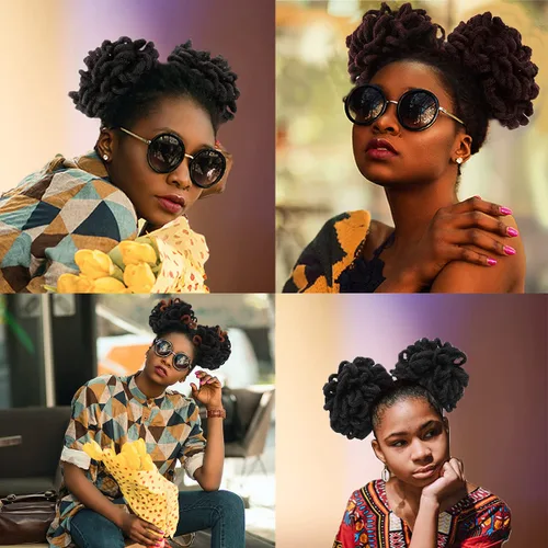 Vista 2 de Abellee 2 moños de Loc para mujeres negras, 8 pulgadas, moño de pétalos de Loc, Afro, cola de caballo alta, cordón de coleta, extensiones de cabello