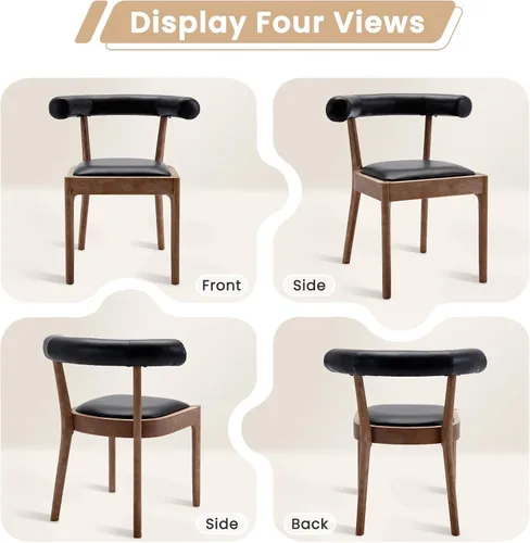 Vista 8 de Kmax Sillas de comedor de mediados de siglo modernas sillas de cocina de cuero con marco acabado de nogal natural, respaldo curvado de poliuretano