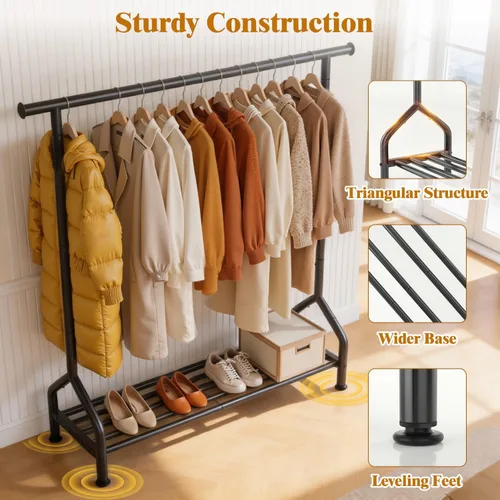 Vista 4 de EAGMAK Percheros resistentes con estante, perchero de metal con patas niveladoras para colgar ropa, perchero independiente para dormitorio, Negro