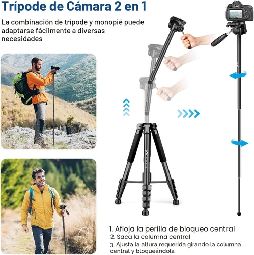 Vista 4 de Trípode para cámara y teléfono, trípode de cámara de 72 pulgadas de alto con control remoto, soporte de cámara compacto profesional resistente