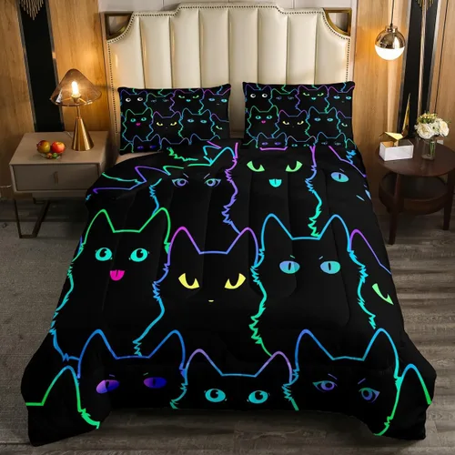 Vista 5 de Erosebridal Edredón de Gatos Lindos para Niños con Líneas de Arcoíris Neón, Juego de Ropa de Cama Individual para Niñas, Niños y Adolescentes, Gatos