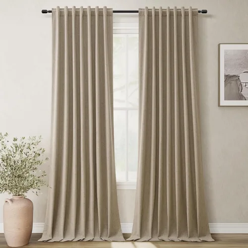 Vista 10 de BOODII Cortinas de lino 100% opacas para dormitorio de 108 pulgadas de largo, con aislamiento térmico, oscurecimiento de la habitación, cortinas