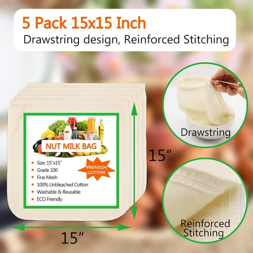 Vista 2 de Paquete de 5 bolsas de leche de nuez de 15 x 15 pulgadas, bolsas de estopilla para colar, reutilizables, 100% tela de algodón sin blanquear, colador