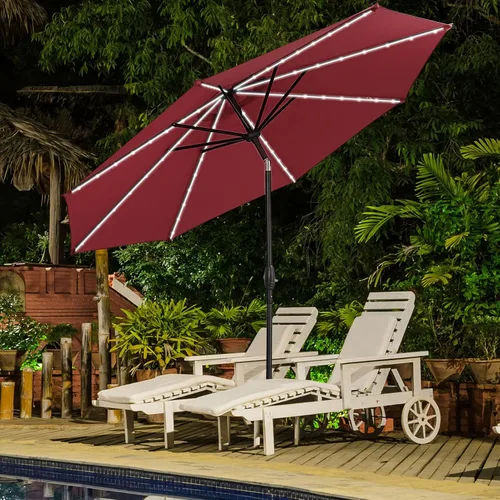 Vista 34 de Sombrilla solar de patio de 10 pies con base, 32 luces LED, sombrilla de mercado al aire libre con botón de inclinación y grietas para jardín Azul