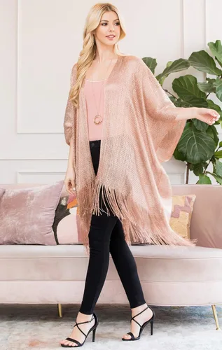 Vista 4 de Poncho de lentejuelas bohemio con purpurina - Kimono Cardigan, bufanda de malla metálica brillante, capa de crochet de punto abierto