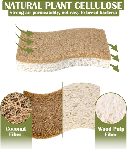 Vista 3 de DEBETOOL Paquete de 14 esponjas de cocina naturales, esponjas ecológicas para cocina, esponja biodegradable de celulosa y coco, esponja de limpieza