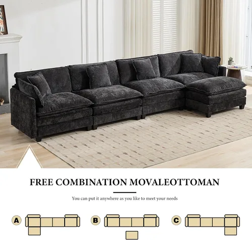 Vista 295 de Sofá seccional modular verde de 111.5", sofás seccionales grandes de 3 plazas para sala de estar, sofá nube oversized de tela chenille con otomana
