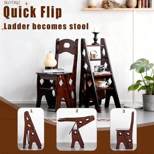 Vista 3 de Silla de escalera de biblioteca de madera, silla plegable de 4 escalones, ideal para el hogar, biblioteca y cocina, funciona como soporte de flores