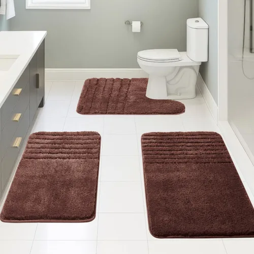 Vista 17 de Juego de 3 alfombras de baño suaves y absorbentes, peludas, suaves, antideslizantes, para ducha, bañera y bañera, lavables a máquina