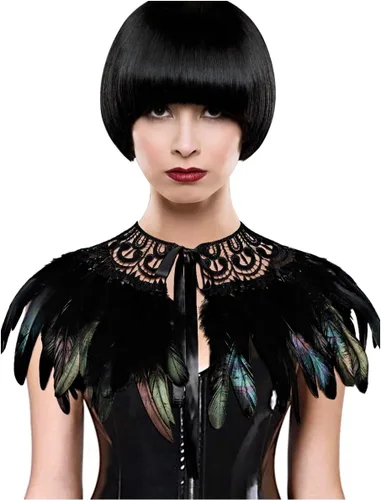 Vista 3 de L'VOW Real Negro Pluma Arnés Collar Collar Collar Babero Halloween