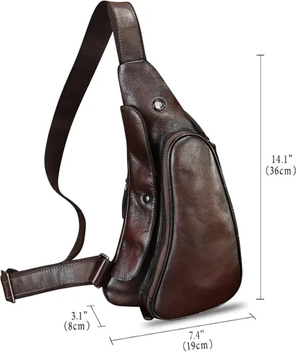 Vista 4 de Bolso de cuero genuino para mujeres y hombres, mochila de cuero retro para el pecho, bolso cruzado, Café