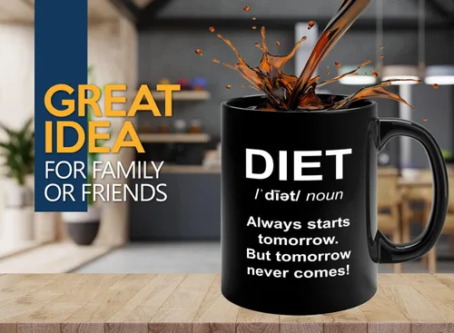 Vista 2 de Taza de café dietista de 11 onzas, color negro, con texto en inglés «Always Starts Tomorrow», dietista nutricionista, nutricionista registrado