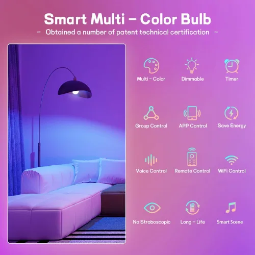 Vista 7 de Bombillas inteligentes, bombilla LED regulable que cambia a todo color, compatible con Alexa y Google Assistant, certificado UL FCC, WiFi de 2.4