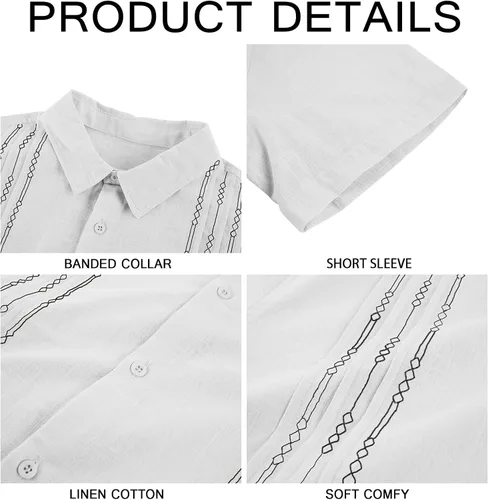 Vista 5 de Camisas guayabera de manga corta para hombre, de lino y algodón, con botones, bordadas mexicanas, para boda