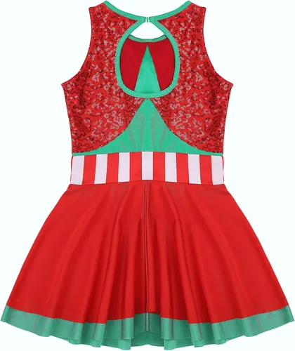 Vista 4 de Disfraz de elfo de Navidad para niñas, vestido de baile de lentejuelas brillantes, vestido de fiesta de Navidad, vestido de Santa Claus