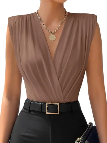 Vista 19 de LYANER - Leotardo sin mangas con cuello en V y fruncidos para mujer, con cinturón leopardo blanco
