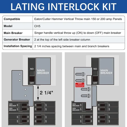 Vista 2 de Interbloqueo de generador para Eaton/Cutler Hammer con tiro vertical, paneles de 150 o 200 A mp con espaciado de 2 1/4 pulgadas, azul
