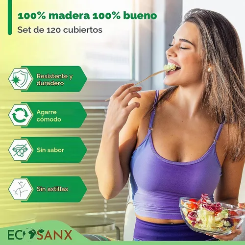 Vista 5 de ECOSANX® 120 piezas de tenedores de madera para comer de 16.5 cm libres de astillas, compostables, juego de cubiertos de madera ecológico