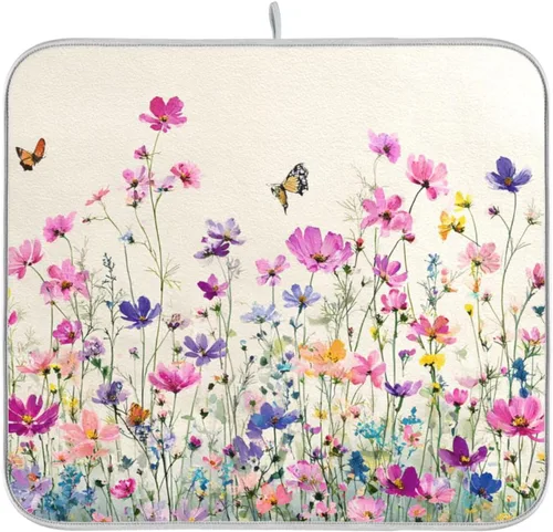 Vista 9 de Tapete de secado de platos de primavera naranja con flor de amapola para encimera de cocina, tapete escurridor absorbente de microfibra, tapete
