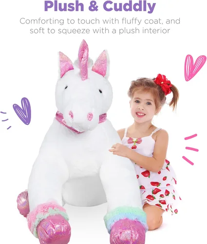 Vista 5 de Best Choice Products Unicornio de peluche extra grande de 52 pulgadas para niños, juguete de peluche de tamaño real con detalles de arcoíris, piel