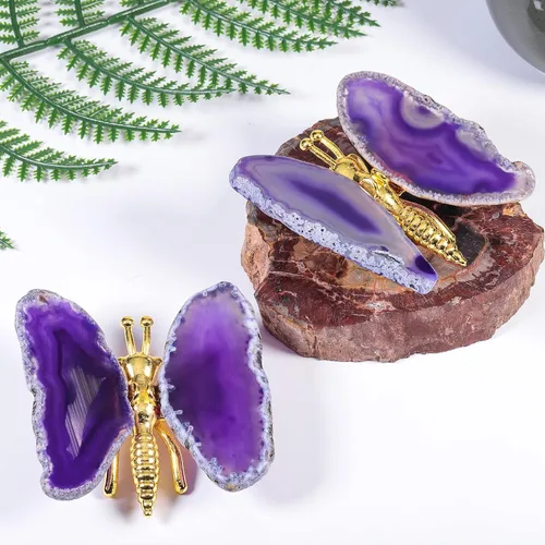 Vista 4 de SUNYIK 2 figuras de ágata morada con soporte de mariposa, piedra curativa y alas de mariposa, decoración para el hogar, oficina, mesa y escritorio