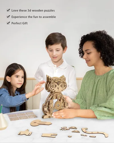 Vista 3 de Rompecabezas 3D para adultos Kit modelo Reloj Gato Reloj de madera para escritorio para niños Decoración para regalo de cumpleaños/Día de Navidad