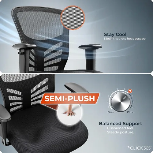 Vista 6 de Flow Silla de oficina de malla con respaldo medio, soporte lumbar, asiento acolchado extra negro