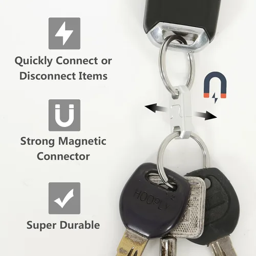 Vista 4 de Paquete de 2 llaveros magnéticos de liberación rápida de aluminio, desmontable y portátil, para bolsos, bolsos y cinturones, plateado y negro