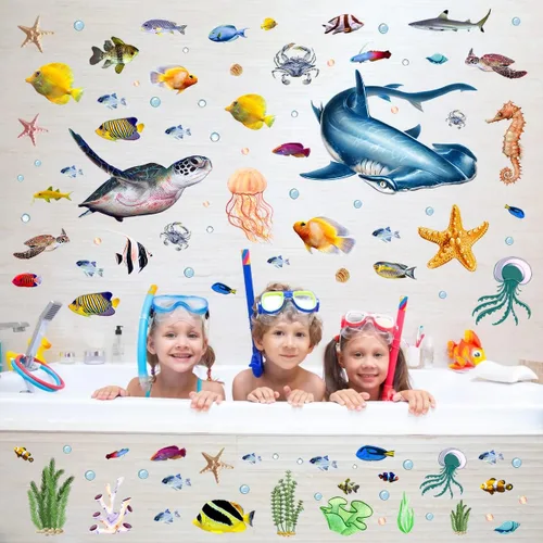 Vista 8 de Calcomanías de pared de peces con temática oceánica, bricolaje, ballena submarina, pulpo, delfín, tiburón, calcomanías de pared para despegar