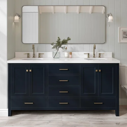 Vista 21 de ARIEL Cambridge tocador de baño con fregadero, madera maciza, encimera y protector contra salpicaduras de cuarzo blanco puro de 1.5 pulgadas