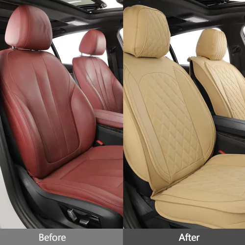 Vista 4 de MIROZO - Fundas de asiento delantero, fundas de cuero para asiento de automóvil, fundas transpirables para asiento de automóvil, protector de Beige