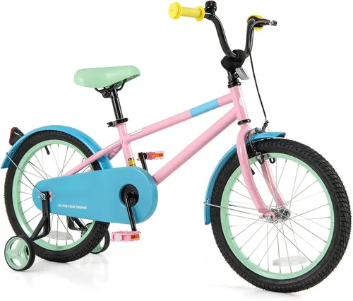 Vista 9 de BABY JOY Bicicleta infantil de macarones coloridos, de 12, 14, 16 y 18 pulgadas, bicicleta deportiva para niños con ruedas de entrenamiento