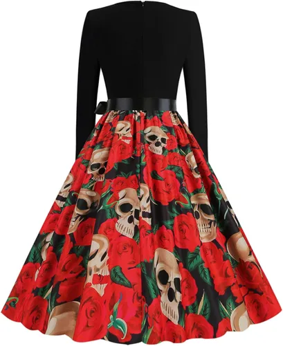 Vista 4 de Vestido de Halloween para mujer estampado de moda manga larga cuello cuadrado vestido casual con dobladillo