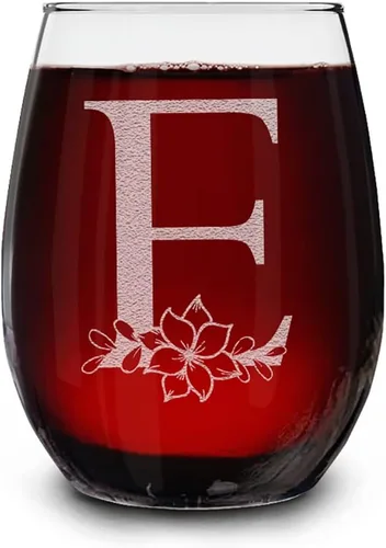Vista 9 de Copa de vino sin tallo, con monograma floral, grabada con láser, 15 onzas, regalo inicial personalizado para ella (B)