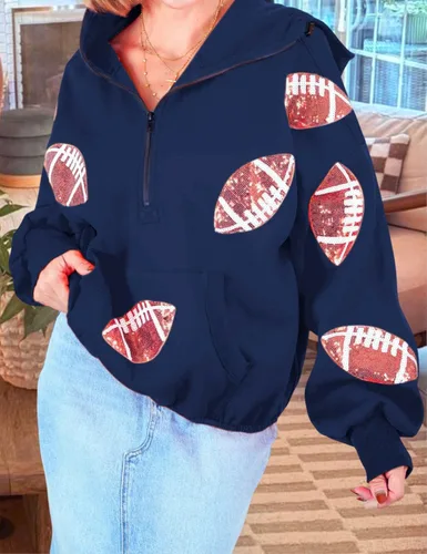 Vista 10 de SeekMe Sudaderas con capucha de lentejuelas para mujer, para el día del partido, suéteres de manga larga con cremallera y bolsillo