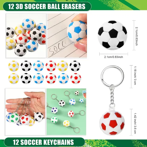 Vista 2 de Hiboom 110 recuerdos de fiesta de fútbol incluyen 12 bolsas de regalo, 12 silbatos, 12 borradores de bolas 3D, 12 llaveros, 12 pulseras de silicona