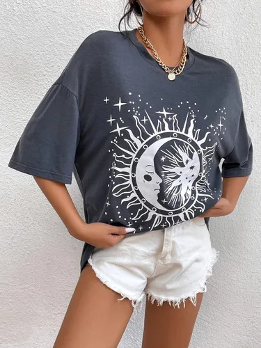 Vista 5 de SheIn Camiseta de gran tamaño con cuello redondo y hombros caídos para mujer